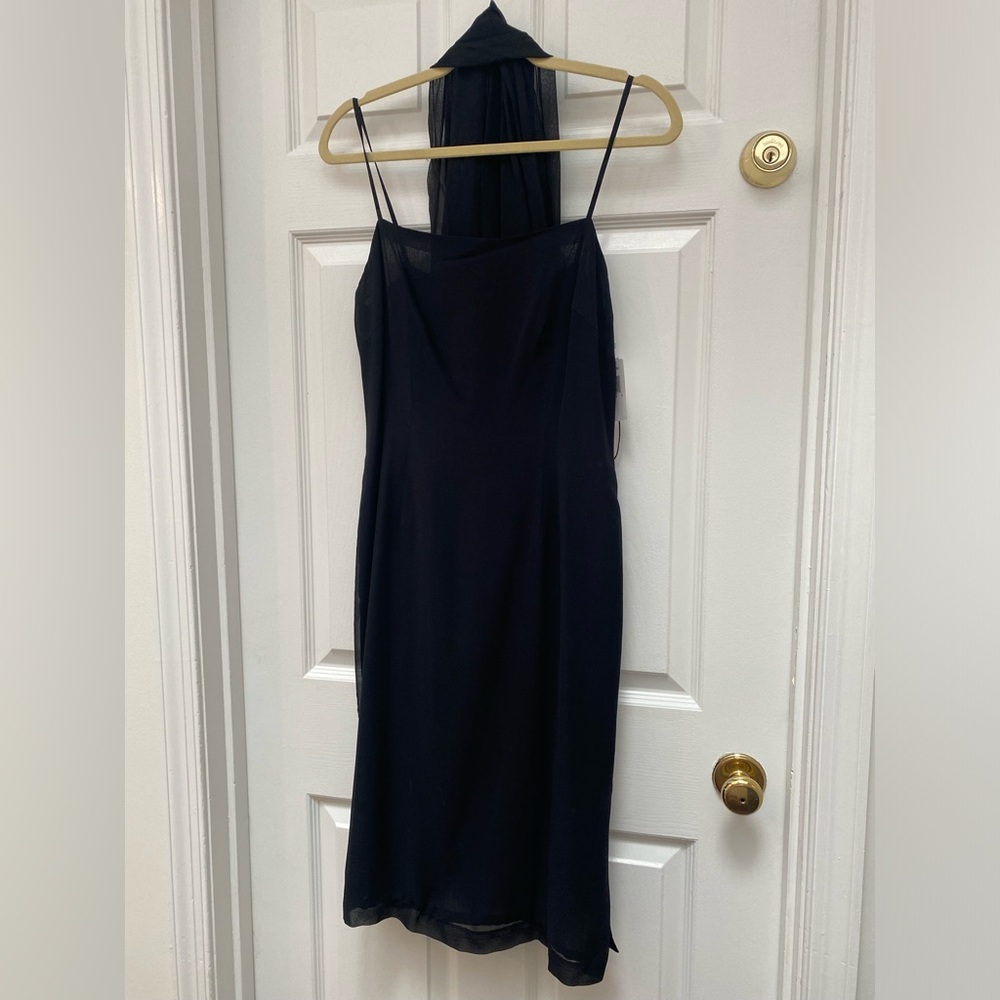 Nina Leonard Spaghetti Strap 100% Silk Black Dress - Size 8 NWT